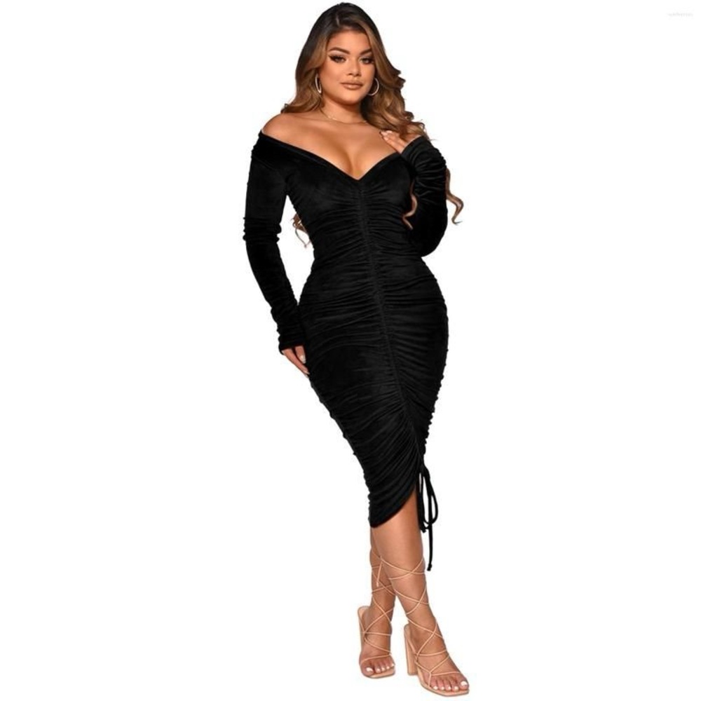 Elegant Women’s Off-Shoulder Sexy Bodycon Long Sleeve Ruched Dress Black M.
